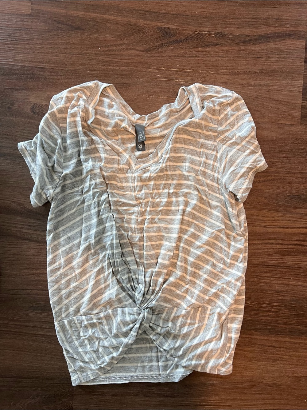Alya Light Gray & White Striped Twist-Front Short Sleeve Tee